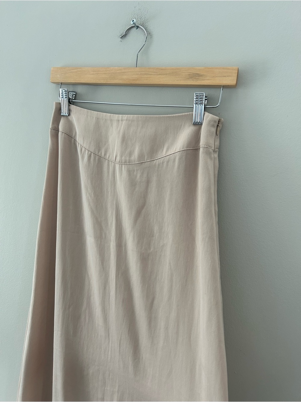 Oak + Fort Satin Asymmetrical Nude Beige Lightweight High Waisted Midi Skirt - Picture 5 of 5